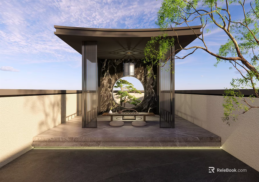 Traditional Chinese Garden Pavilion With Round Window Stone Table And Outdoor Landscape 3d model 