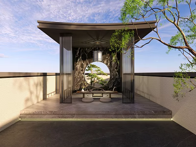 Traditional Chinese Garden Pavilion With Round Window Stone Table And Outdoor Landscape 3d model