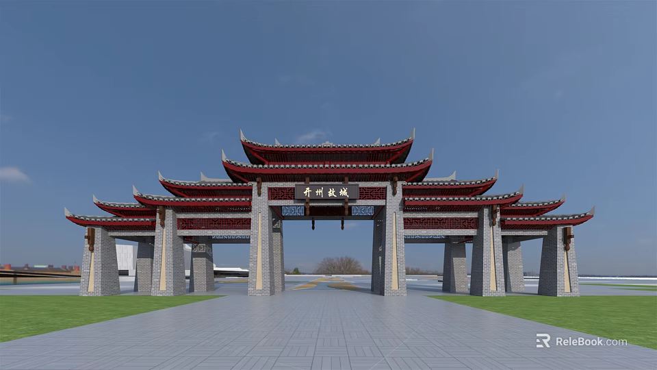 Traditional Chinese Gate With Red Curved Eaves Stone Pillars And Lawn Pathway 3d model 