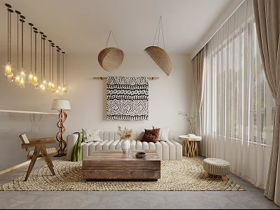 Cozy Living Room Interior With Pendant Lights And Sofa 3d model