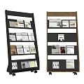 Modern Black and Wooden Bookcases with Wheels and Multiple Shelves Holding Magazines