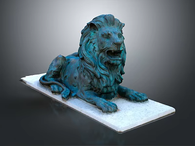 Detailed Bronze Lion Sculpture in Reclining Pose on White Marble Base 3d model
