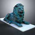 Detailed Bronze Lion Sculpture in Reclining Pose on White Marble Base