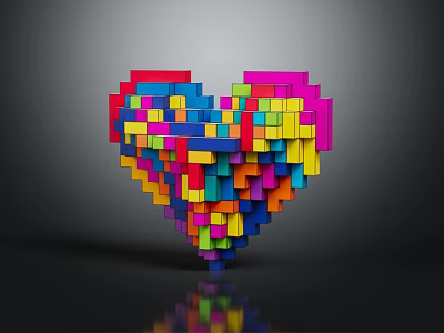 Colorful Building Blocks Forming Heart Shape Structure On Dark Background With Reflection 3d model