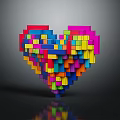 Colorful Building Blocks Forming Heart Shape Structure On Dark Background With Reflection 3d model