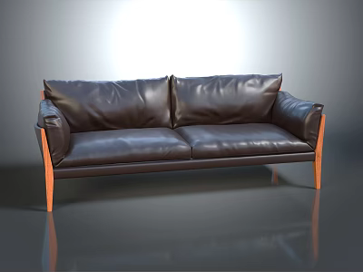 Modern Dark Brown Leather Two Seater Sofa With Wooden Legs 3d model