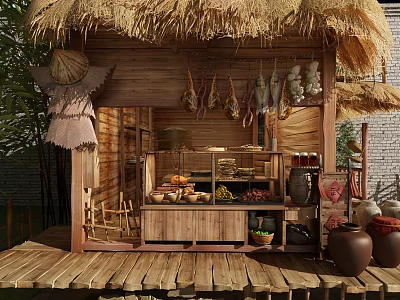 Traditional Restaurant With Thatched Roof Wooden Structure And Displayed Food Items Clay Pots 3d model