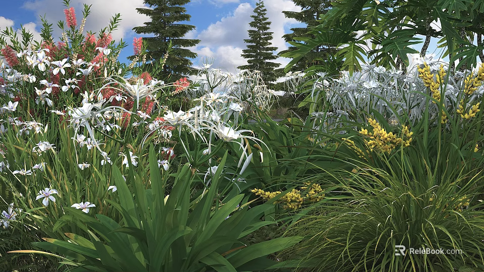 Colorful Garden Flowers And Plants With White Pink Blooms And Lush Green Foliage 3d model 