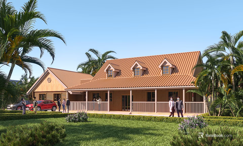 Single Family House With Orange Roof Palm Trees Green Lawn And Wooden Porch Area 3d model 