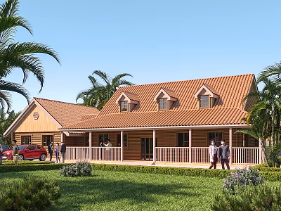 Single Family House With Orange Roof Palm Trees Green Lawn And Wooden Porch Area 3d model