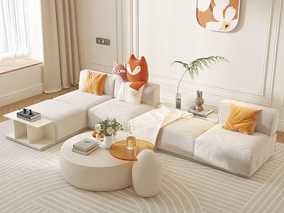 Modern Living Room White Sofa Round Coffee Table Set With Orange Cushions And Green Plant 3d model