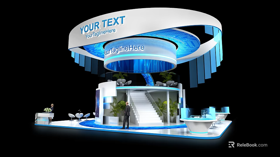 Modern Exhibition Booth With Curved Structure Blue White Color Staircase Plants And Customizable Text Areas 3d model 