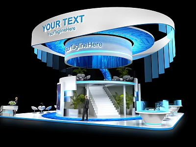 Modern Exhibition Booth With Curved Structure Blue White Color Staircase Plants And Customizable Text Areas 3d model