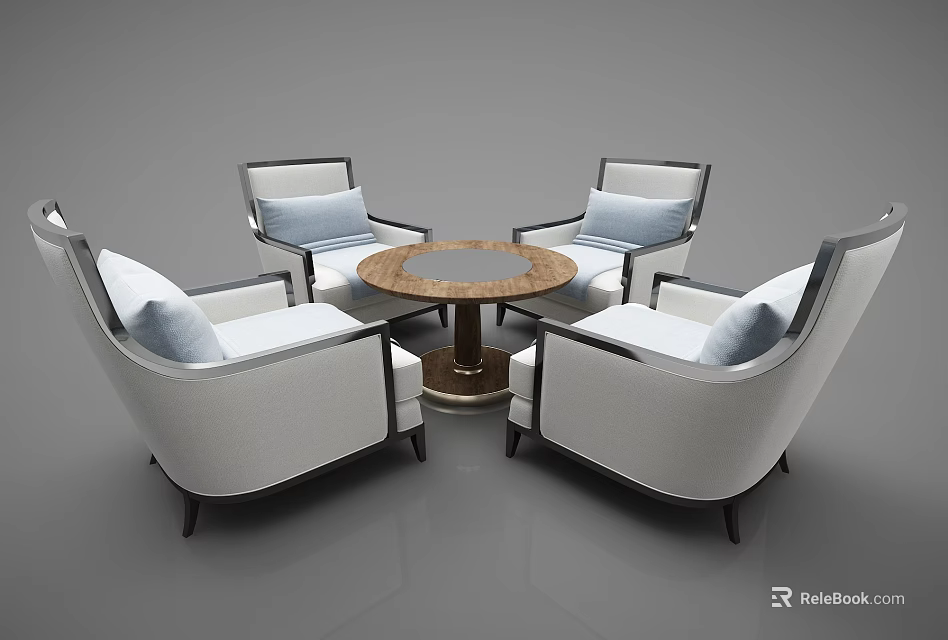 Modern Leisure Sofa Set With White Upholstered Chairs Blue Cushions And Round Wooden Table 3d model 