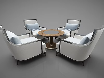 Modern Leisure Sofa Set With White Upholstered Chairs Blue Cushions And Round Wooden Table 3d model
