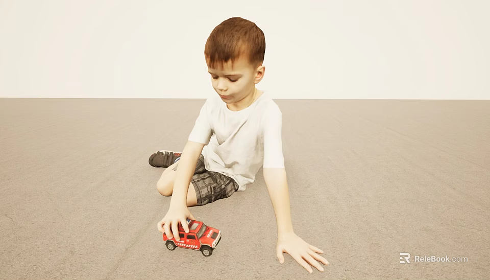 Little Boy Wearing White T-Shirt and Plaid Shorts Playing with Red Toy Car on Floor 3d model 