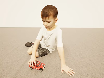 Little Boy Wearing White T-Shirt and Plaid Shorts Playing with Red Toy Car on Floor 3d model
