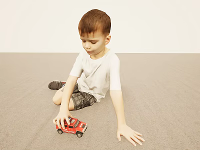 Little Boy Wearing White T-Shirt and Plaid Shorts Playing with Red Toy Car on Floor 3d model