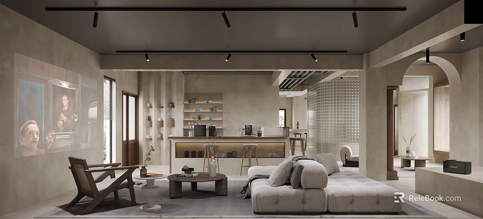 Modern Basement Interior With Cozy Sofa Bar Counter Wooden Shelves And Warm Lighting 3d model 