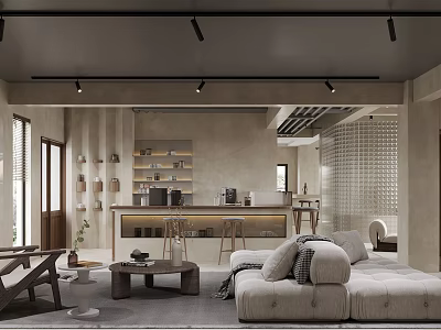 Modern Basement Interior With Cozy Sofa Bar Counter Wooden Shelves And Warm Lighting 3d model