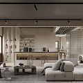 Modern Basement Interior With Cozy Sofa Bar Counter Wooden Shelves And Warm Lighting
