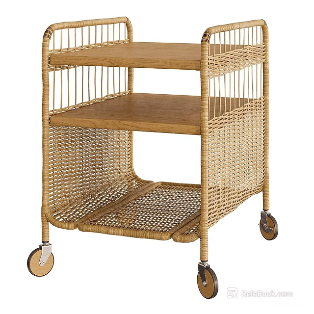 Rattan Side Table With Wooden Shelves And Rolling Wheels For Living Room 3d model 