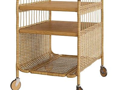 Rattan Side Table With Wooden Shelves And Rolling Wheels For Living Room 3d model
