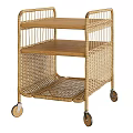 Rattan Side Table With Wooden Shelves And Rolling Wheels For Living Room