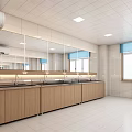 Clean Modern Public Restroom With Spacious Interior Sinks Mirrors Windows And Wooden Cabinets