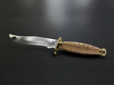 Sharp Blade Tactical Weapon With Wooden Carved Handle And Metal Accents 3d model