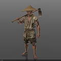 Barefoot Man Wearing Conical Hat And Traditional Outfit Holding Wooden Hoe