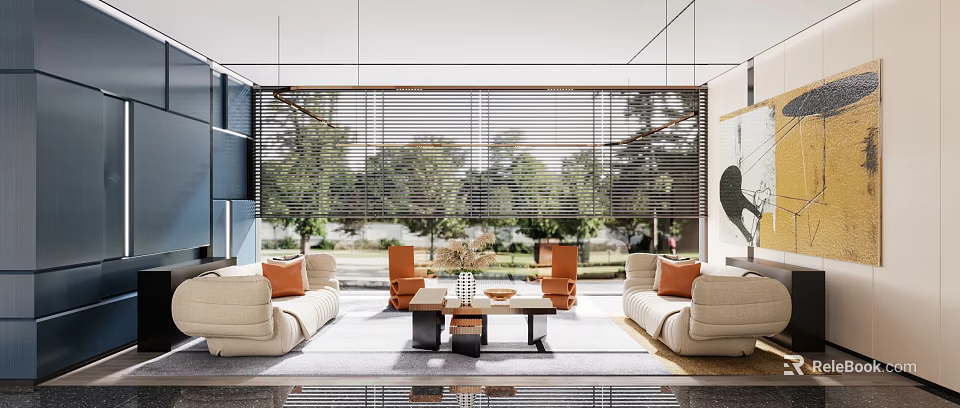 Hotel Public Lounge Area With Cozy Sofas Armchairs Large Windows Wooden Blinds And Trees 3d model 