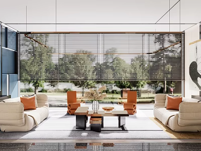 Hotel Public Lounge Area With Cozy Sofas Armchairs Large Windows Wooden Blinds And Trees 3d model