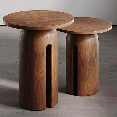 Minimalist Round Wooden Tea Table and Chair with Walnut Cut-out Leg Design 3d model