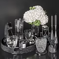 Elegant Glass Cups on Black Tray with White Hydrangea Vase Hourglass Candles and Metal Decor