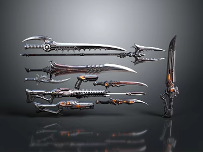 Various Futuristic Weapons With Metallic Structure And Orange Accents 3d model