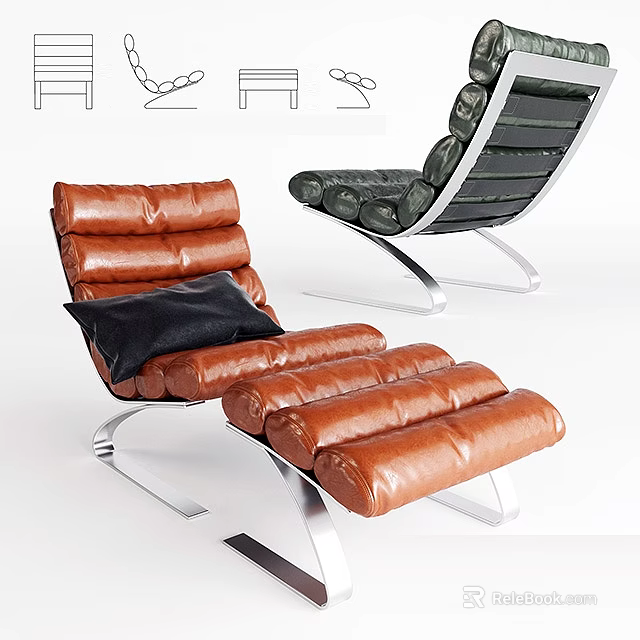 Brown Leather Lounge Chair With Black Pillow Ottoman And Metal Frame 3d model 