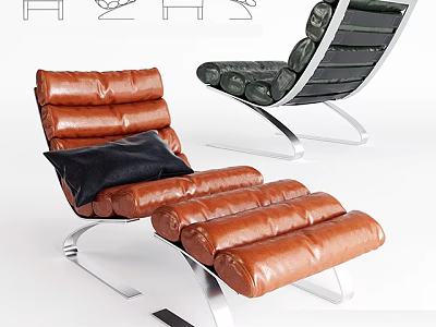 Brown Leather Lounge Chair With Black Pillow Ottoman And Metal Frame 3d model
