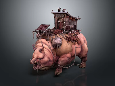 Fantasy Pig like Game Movie Character With Small House Chains And Leather Decorations 3d model