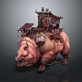 Fantasy Pig like Game Movie Character With Small House Chains And Leather Decorations