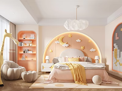Cozy Kids Room With Pink Walls Cloud Chandelier Moon Star Decor And Pumpkin Chairs 3d model