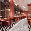Elegant Pink Restaurant Interior With Round Pendant Lights Dining Tables And Black White Checkered Floor