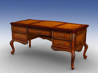 Classical Wooden Office Desk With Carved Drawers And Curved Legs Design 3d model