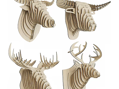 Wooden Layered Animal Head Wall Decor Cow Deer 3D Decorative Art 3d model