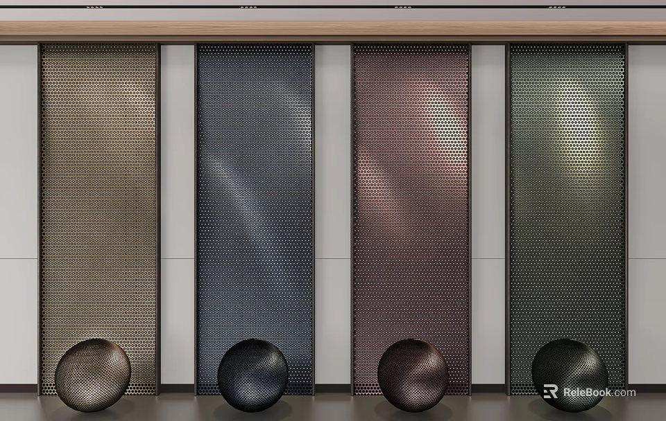 Perforated Metal Background Wall Featuring Various Colors With Spherical Decorations In Front 3d model 