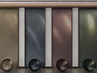 Perforated Metal Background Wall Featuring Various Colors With Spherical Decorations In Front 3d model