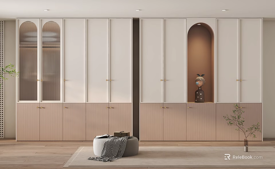 Modern Wardrobe Design With Glass Doors Golden Handles Decorative Figurine And Potted Plant 3d model 