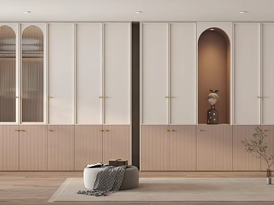 Modern Wardrobe Design With Glass Doors Golden Handles Decorative Figurine And Potted Plant 3d model