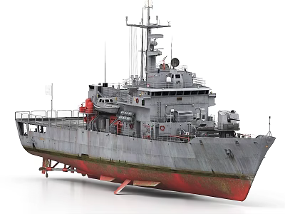Weathered Gray Warship With Red Bottom Antennas And Radar Equipment 3d model