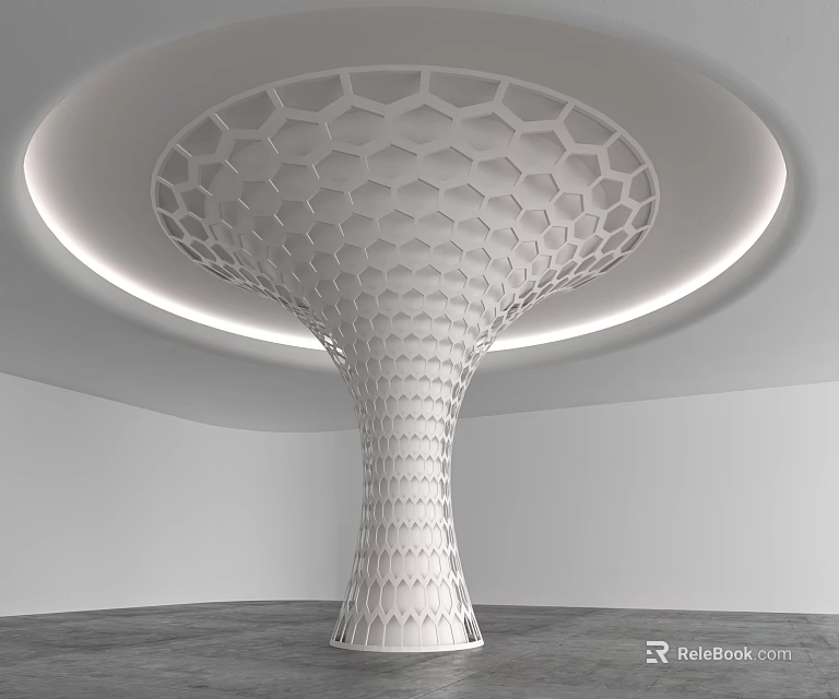 Modern White Column with Honeycomb Structure and Ambient Lighting in Interior Space 3d model 